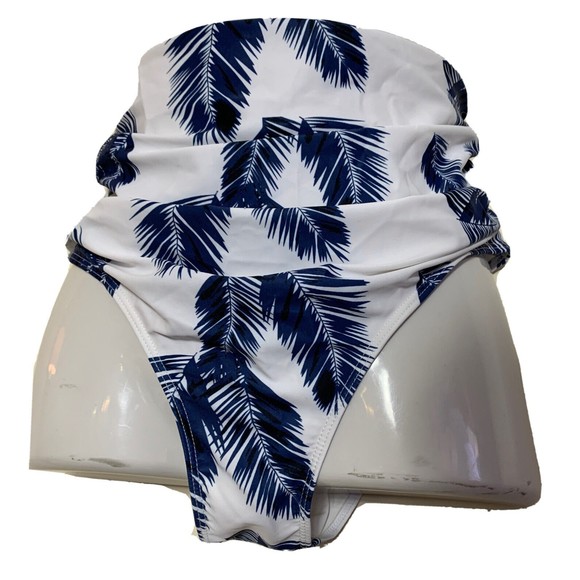 Womens XL Swimwear Bikini Bottoms High Rise Briefs Shirred Blue White Print NWOT - Picture 3 of 11